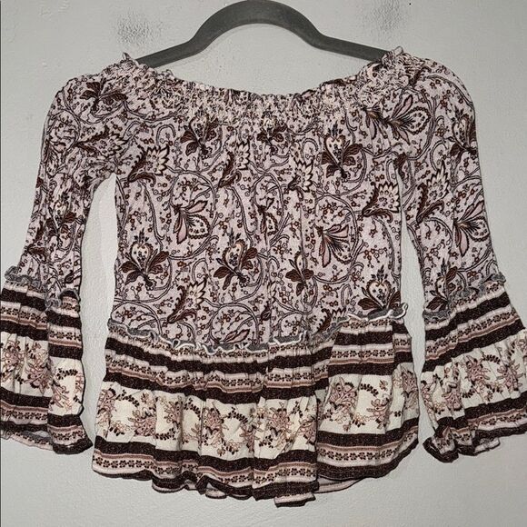 American Eagle Outfitters Brown and White Smocked Cropped Blouse - Picture 7 of 8